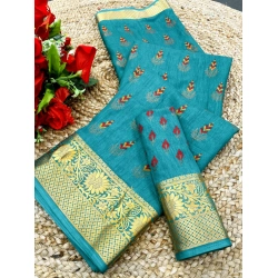 Generic Women's Digital Dolla Silk Printed Saree With Unstitched Blouse 5.5Mtr (Sky Blue)
