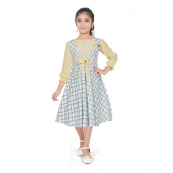 Generic Girl's Digital Twill Striped 3/4 th Sleeve Round Neck Dress (Light Green)