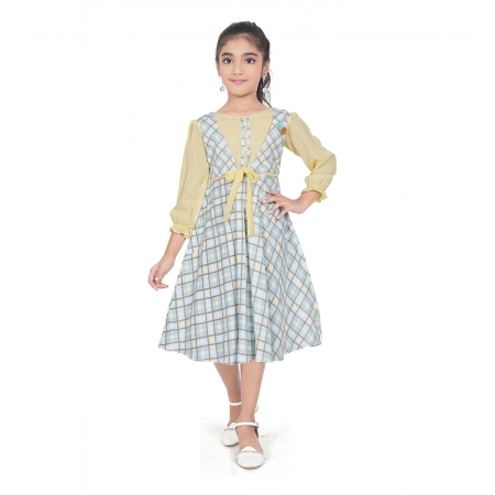 Generic Girl's Digital Twill Striped 3/4 th Sleeve Round Neck Dress (Light Green)