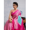 Generic Women's Satin Crepe Printed Saree With Unstitched Blouse 5.5Mtr (Pink)