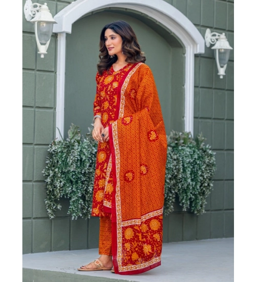Generic Women's Cotton Blend Printed Kurti With Pant Dupatta Set (Maroon)