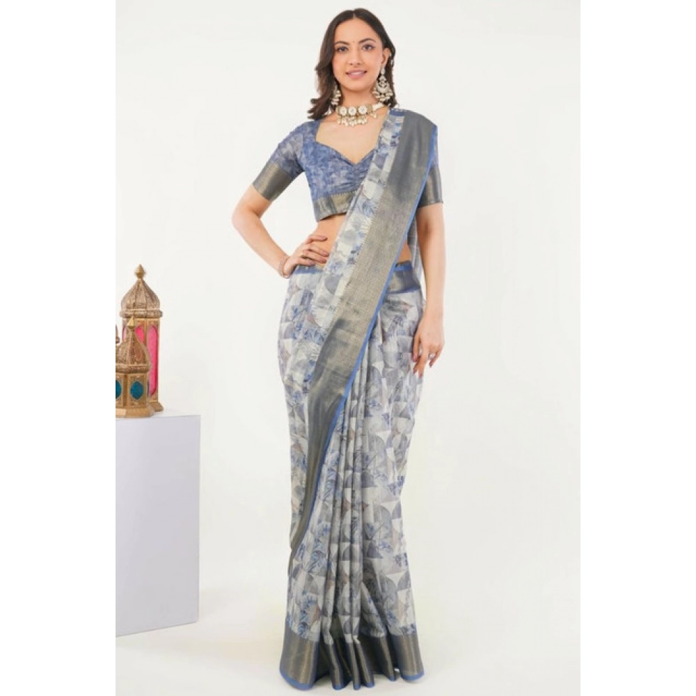 Women's Polyester Printed Saree With Unstitched Blouse 5.5 Mtr (Grey)