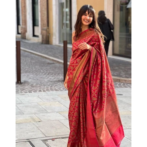 Women's Litchi silk Printed Saree With Unstitched Blouse (Red) Women's Litchi silk Printed Saree With Unstitched Blouse (Red)