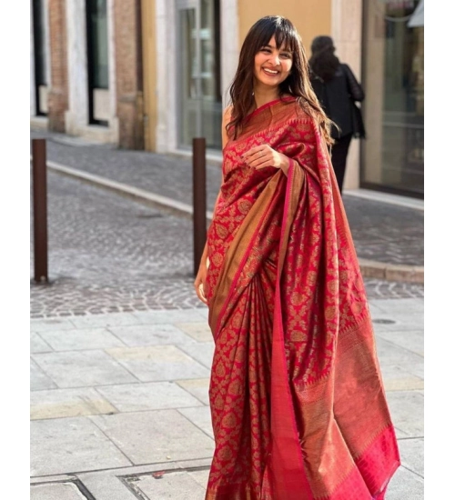 Generic Women's Litchi silk Printed Saree With Unstitched Blouse (Red)