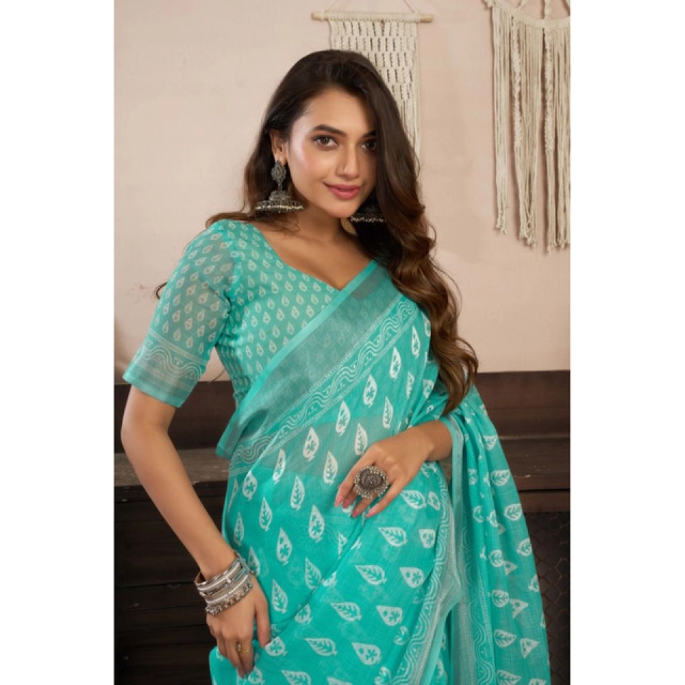Generic Women's Linen Cotton Printed Ready To Wear Saree With Unstitched Blouse 5.5 Mtr (Sea_Green)