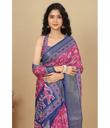 Generic Women's Cotton Silk Printed Saree With Unstitched Blouse 5.5Mtr (Pink)