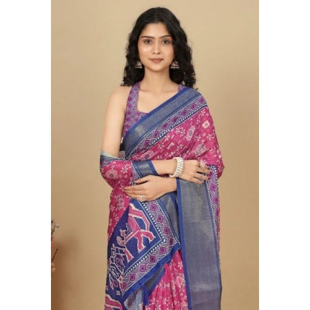 Generic Women's Cotton Silk Printed Saree With Unstitched Blouse 5.5Mtr (Pink)