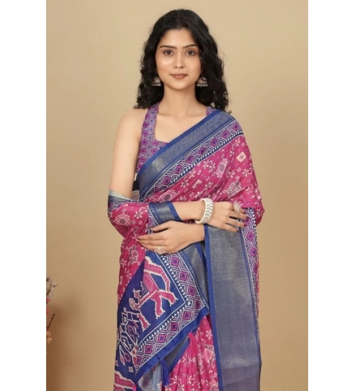 Generic Women's Cotton Silk Printed Saree With Unstitched Blouse 5.5Mtr (Pink)