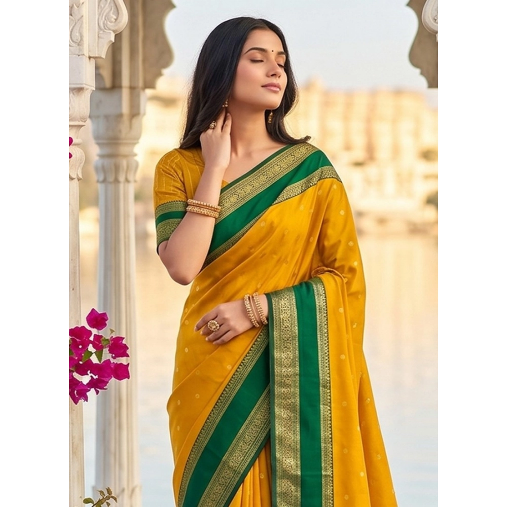 Generic Women's Silk Blend Printed Saree With Unstitched Blouse 5.5Mtr (Yellow-Green)