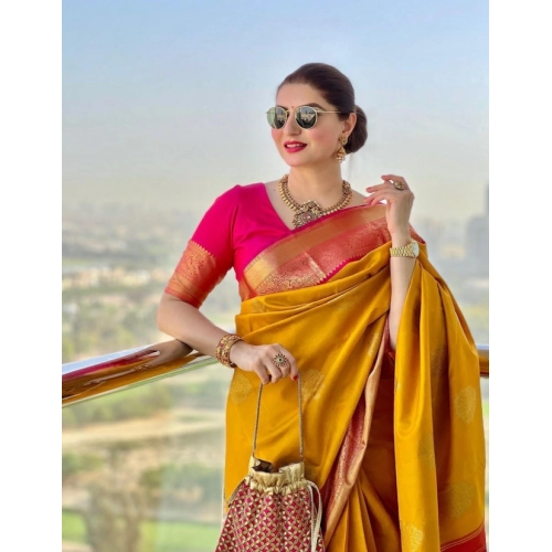 Women's Litchi silk Printed Saree With Unstitched Blouse (Yellow) Women's Litchi silk Printed Saree With Unstitched Blouse (Yellow)