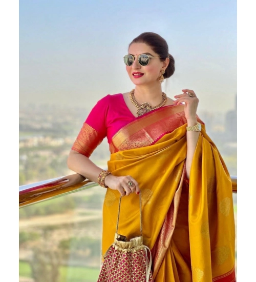 Generic Women's Litchi silk Printed Saree With Unstitched Blouse (Yellow)