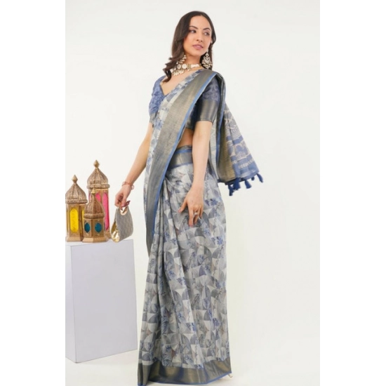 Generic Women's Polyester Printed Saree With Unstitched Blouse 5.5 Mtr (Grey)