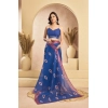 Generic Women's Faux Linen Printed Ready to wear Saree With Unstitched Blouse 5.5Mtr (Blue)
