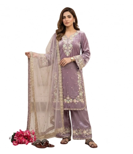 Generic Women's Silk Embroidered 3/4th Sleeve Round Kurti With Palazzo Pant and Dupatta Set (Lavender)