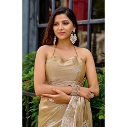 Generic Women's Faux Shimmer Floral Motifs Ready to wear Saree With Unstitched Blouse 5.5Mtr (Beige)