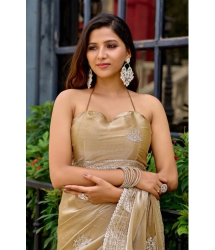 Generic Women's Faux Shimmer Floral Motifs Ready to wear Saree With Unstitched Blouse 5.5Mtr (Beige)
