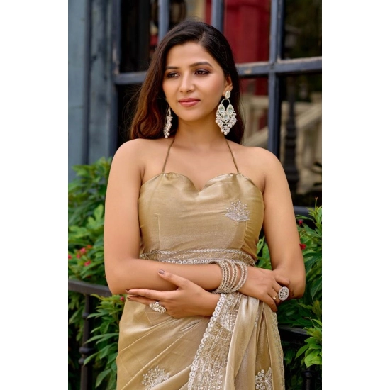 Generic Women's Faux Shimmer Floral Motifs Ready to wear Saree With Unstitched Blouse 5.5Mtr (Beige) Generic Women's Faux Shimmer Floral Motifs Ready to wear Saree With Unstitched Blouse 5.5Mtr (Beige)