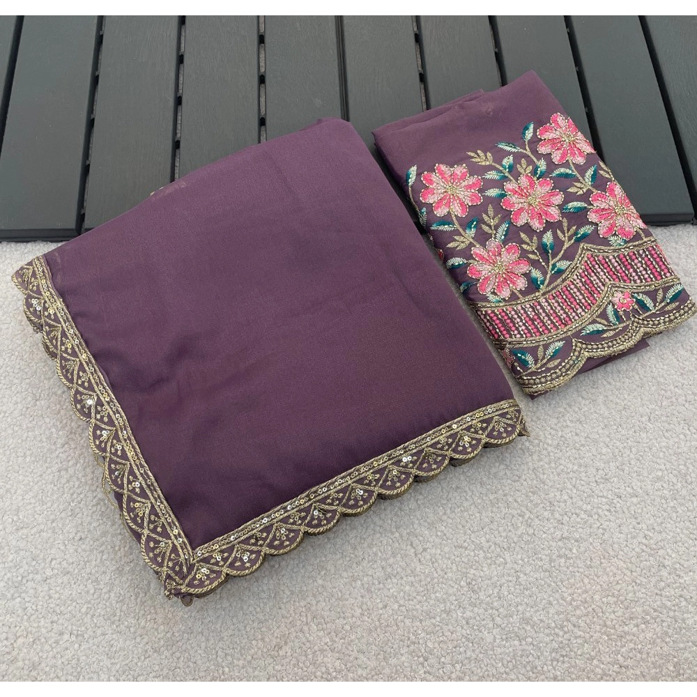 Generic Women's Georgette Embellished Saree With Unstitched Blouse 5.5Mtr�(Purple)