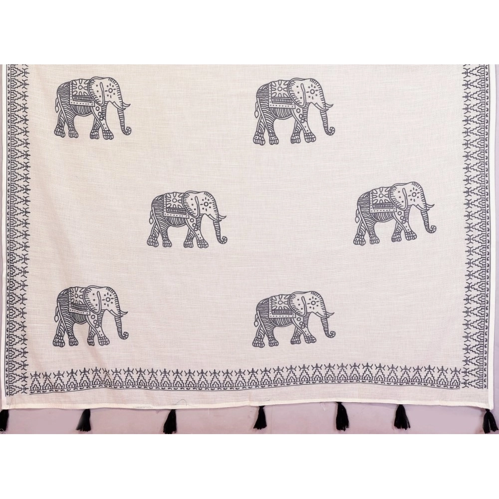 Generic Women's Linen Cotton Printed Saree With Unstitched Blouse 5.5Mtr (Off White)