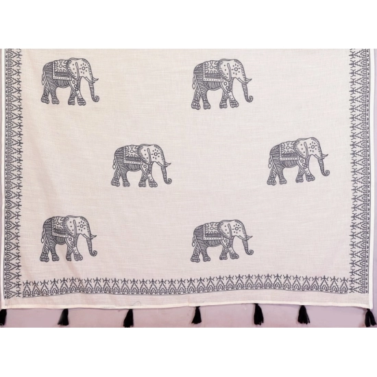 Generic Women's Linen Cotton Printed Saree With Unstitched Blouse 5.5Mtr (Off White)