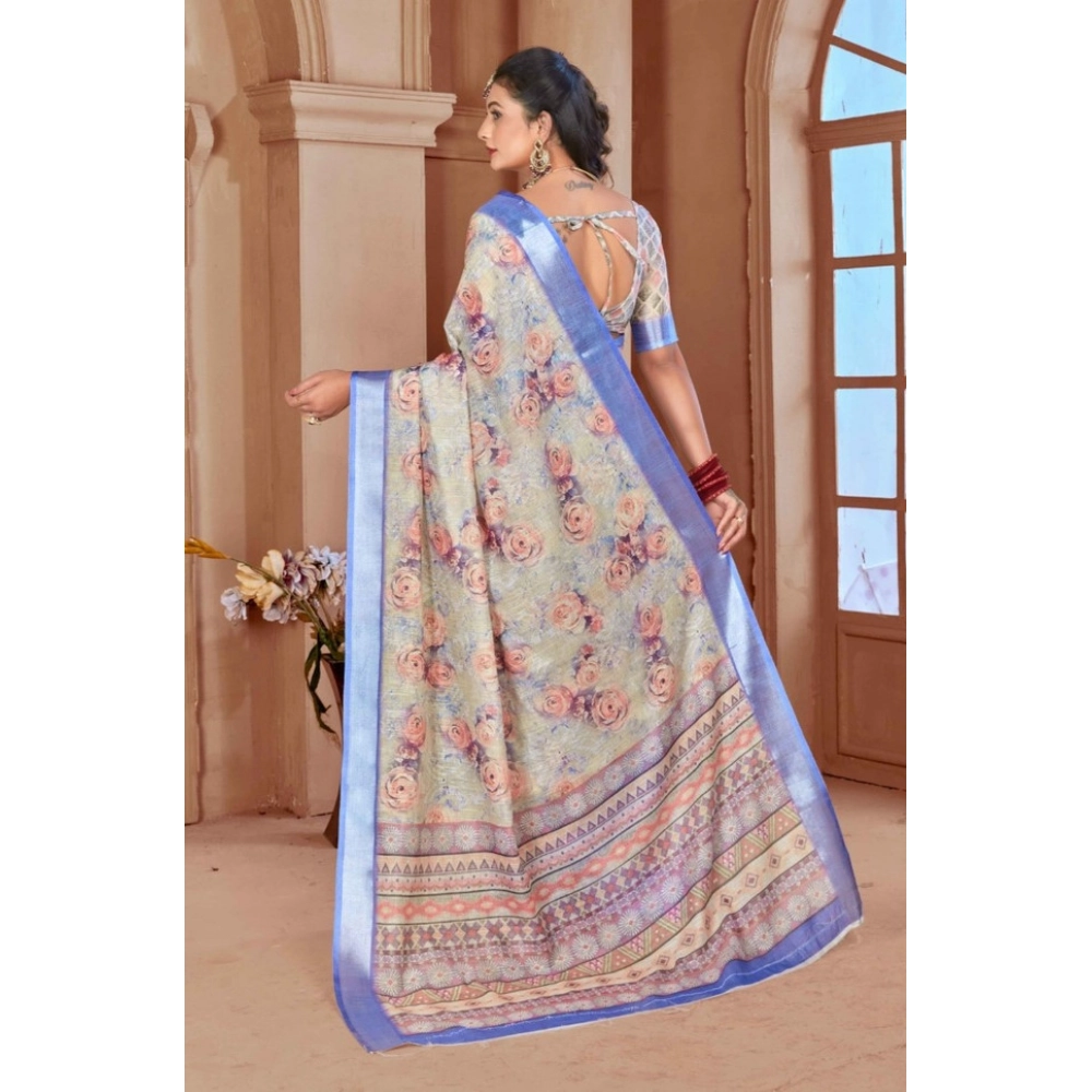 Generic Women's Printed Cotton Linen Saree withPrinted  Saree With Unstitched Blouse (Beige, 5-6Mtrs)