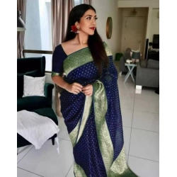 Generic Women's Litchi silk Printed Saree With Unstitched Blouse (Blue)