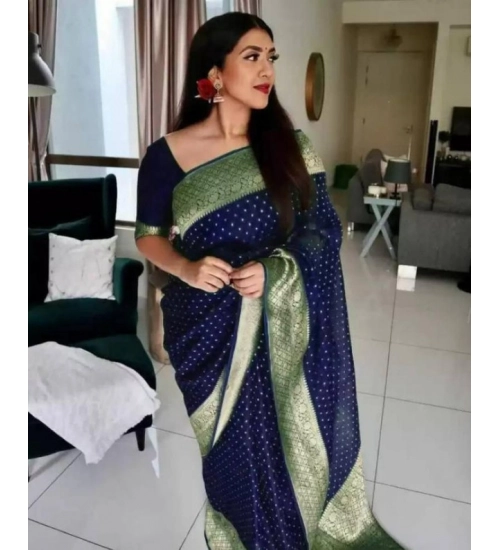 Generic Women's Litchi silk Printed Saree With Unstitched Blouse (Blue)