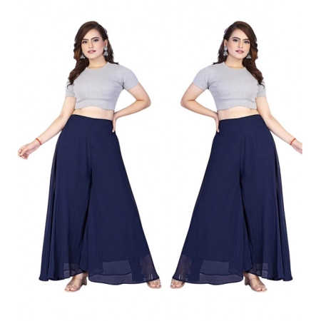 Generic Women's Pack of 2 Georgette Solid High Rise Wide Leg Flared Palazzos with Elastic Waist (Navy Blue)