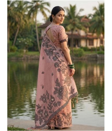 Generic Women's Linen Cotton Printed Saree With Unstitched Blouse 5.5Mtr (Peach)