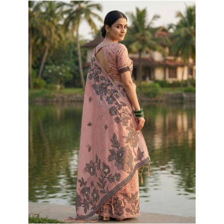 Generic Women's Linen Cotton Printed Saree With Unstitched Blouse 5.5Mtr (Peach)