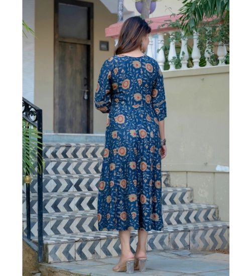 Generic Women's Rayon Print With Embroidery Work A-Line Kurti (Navy Blue)