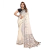 Generic Women's Linen Cotton Printed Saree With Unstitched Blouse 5.5Mtr (Off White)