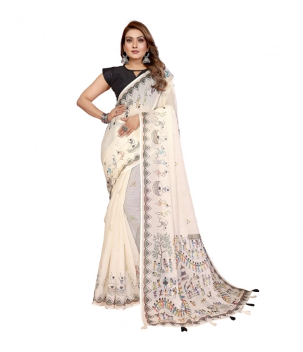 Generic Women's Linen Cotton Printed Saree With Unstitched Blouse 5.5Mtr (Off White)