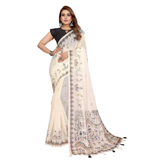 Generic Women's Linen Cotton Printed Saree With Unstitched Blouse 5.5Mtr (Off White) Generic Women's Linen Cotton Printed Saree With Unstitched Blouse 5.5Mtr (Off White)