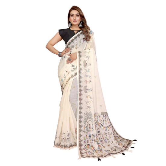 Generic Women's Linen Cotton Printed Saree With Unstitched Blouse 5.5Mtr (Off White) Generic Women's Linen Cotton Printed Saree With Unstitched Blouse 5.5Mtr (Off White)