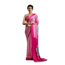 Generic Women's Satin Crepe Printed Saree With Unstitched Blouse 5.5Mtr (Pink)