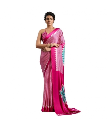 Generic Women's Satin Crepe Printed Saree With Unstitched Blouse 5.5Mtr (Pink)