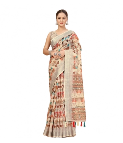 Generic Women's Cotton Silk Printed Saree With Unstitched Blouse 5.5Mtr (Multicolor)