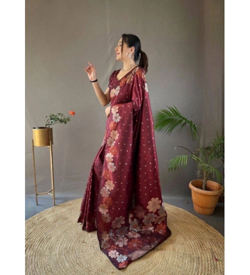 Generic Women's Soft Litchi Silk Jacquard Work Saree With Unstitched Blouse 5.5Mtr (Maroon)