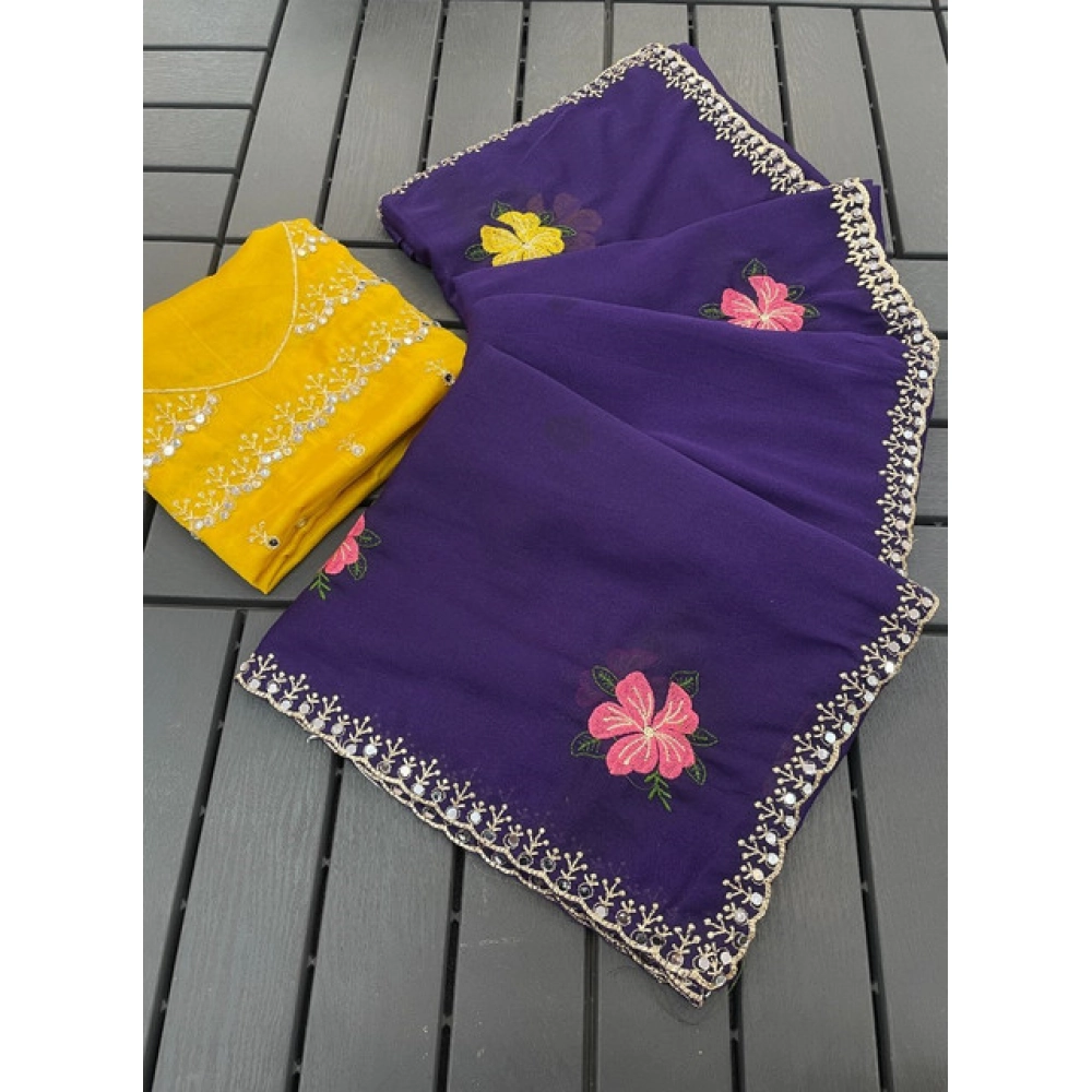 Generic Women's Georgette Embellished Saree With Unstitched Blouse 5.5Mtr�(Purple)