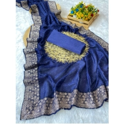 Generic Women's Silk Embroidred Saree With Unstitched Blouse 5.5Mtr (Blue)