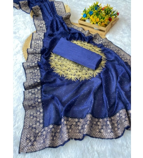 Generic Women's Silk Embroidred Saree With Unstitched Blouse 5.5Mtr (Blue)