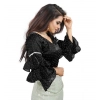 Generic Women's Organza Solid V Neck Layered Ruffle Sleeve Readymade Blouse (Black Free Size , up to 38–40 Bust)-PID65848