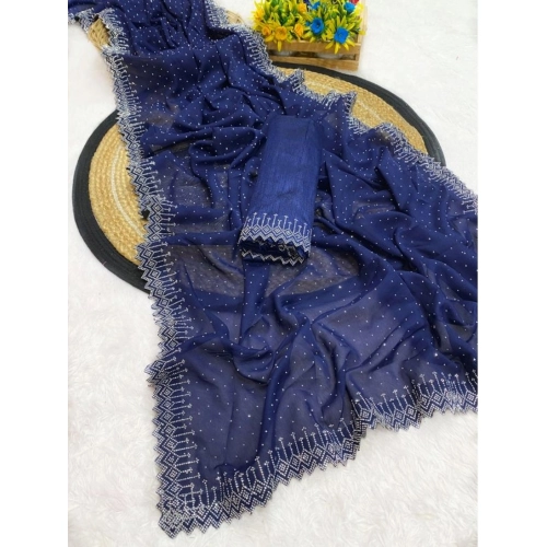 Women's Georgette Stone Work Saree With Unstitched Blouse 5.5Mtr (Blue)