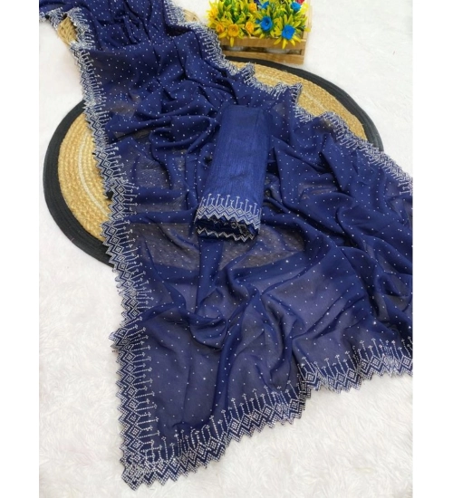 Generic Women's Georgette Stone Work Saree With Unstitched Blouse 5.5Mtr (Blue)