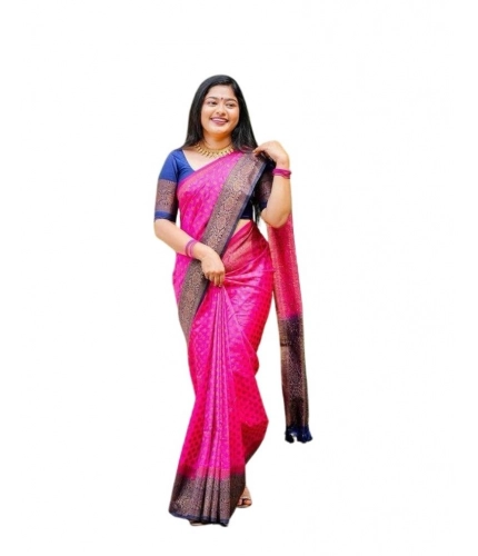 Generic Women's Soft Lichi Silk Printed Saree With Unstitched Blouse 5.5Mtr (Pink)