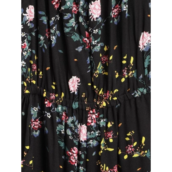 Generic Girl's Rayon Floral Sleeveless Jumpsuit (Black-Pink)