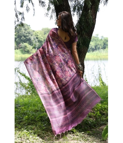 Generic Women's Faux_Tussar_Silk Abstract_Print Saree With Unstitched Blouse 5.5Mtr (Purple)