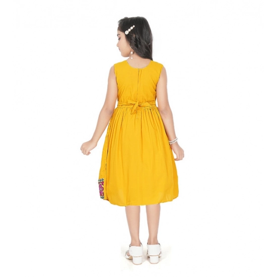 Generic Girl's Shiffon Printed Sleeve Less Round Neck Dress (Mustard Yellow)