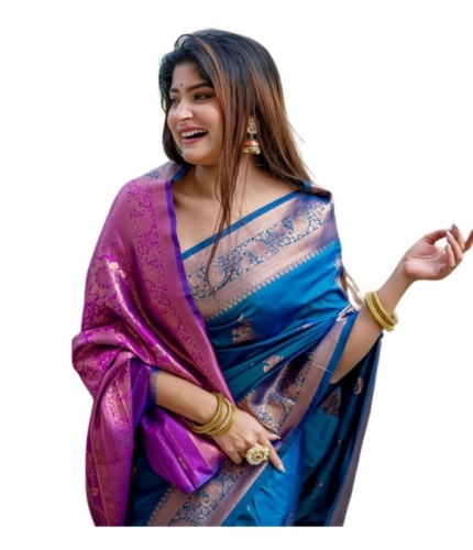 Generic Women's Katan_Silk Zari_Weaving Saree With Unstitched Blouse 5.5Mtr (Blue)